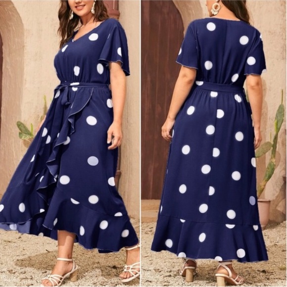 Plus Boho Navy Blue  Polka Dot Ruffle Maxi Dress - Picture 6 of 8